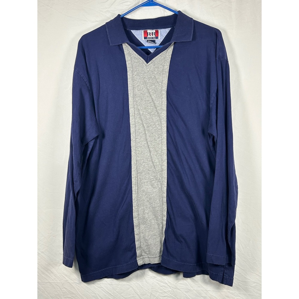 R&R Jean Co Polo Shirt Mens Large Blue Grey Long Sleeve Colorblock V-Neck Cotton